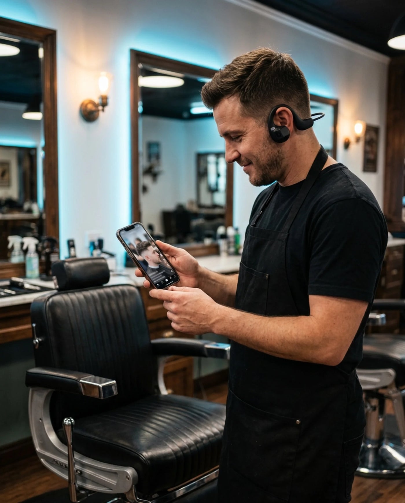 Barber posting the clip on a phone between clients